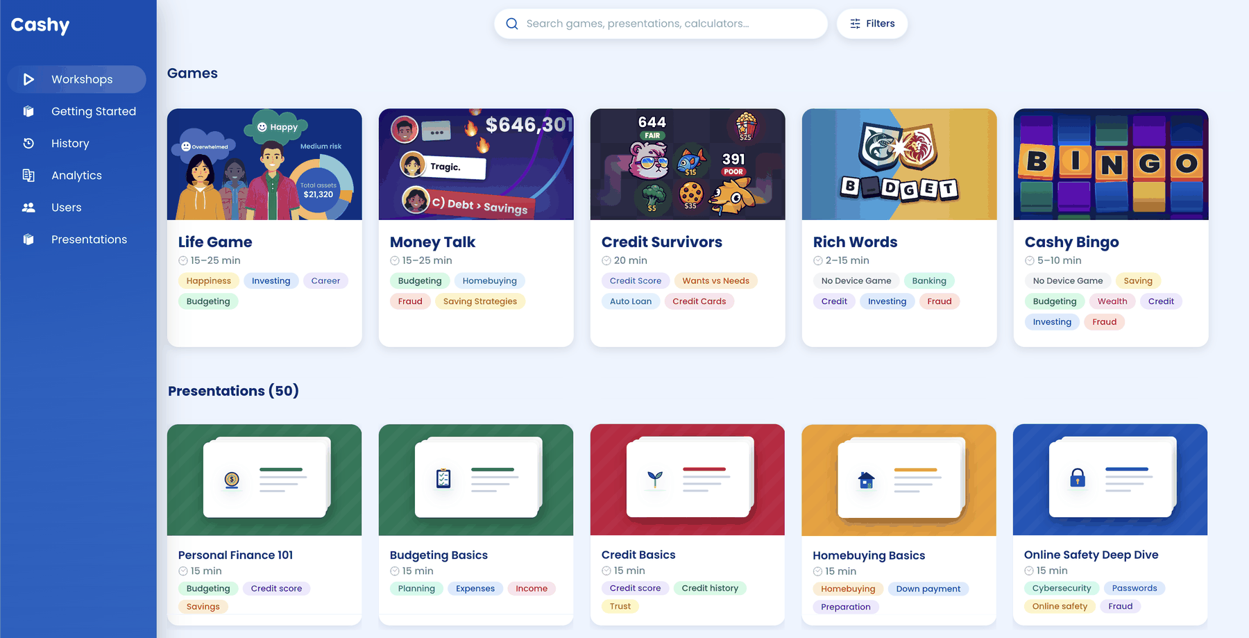 The Cashy workshops dashboard