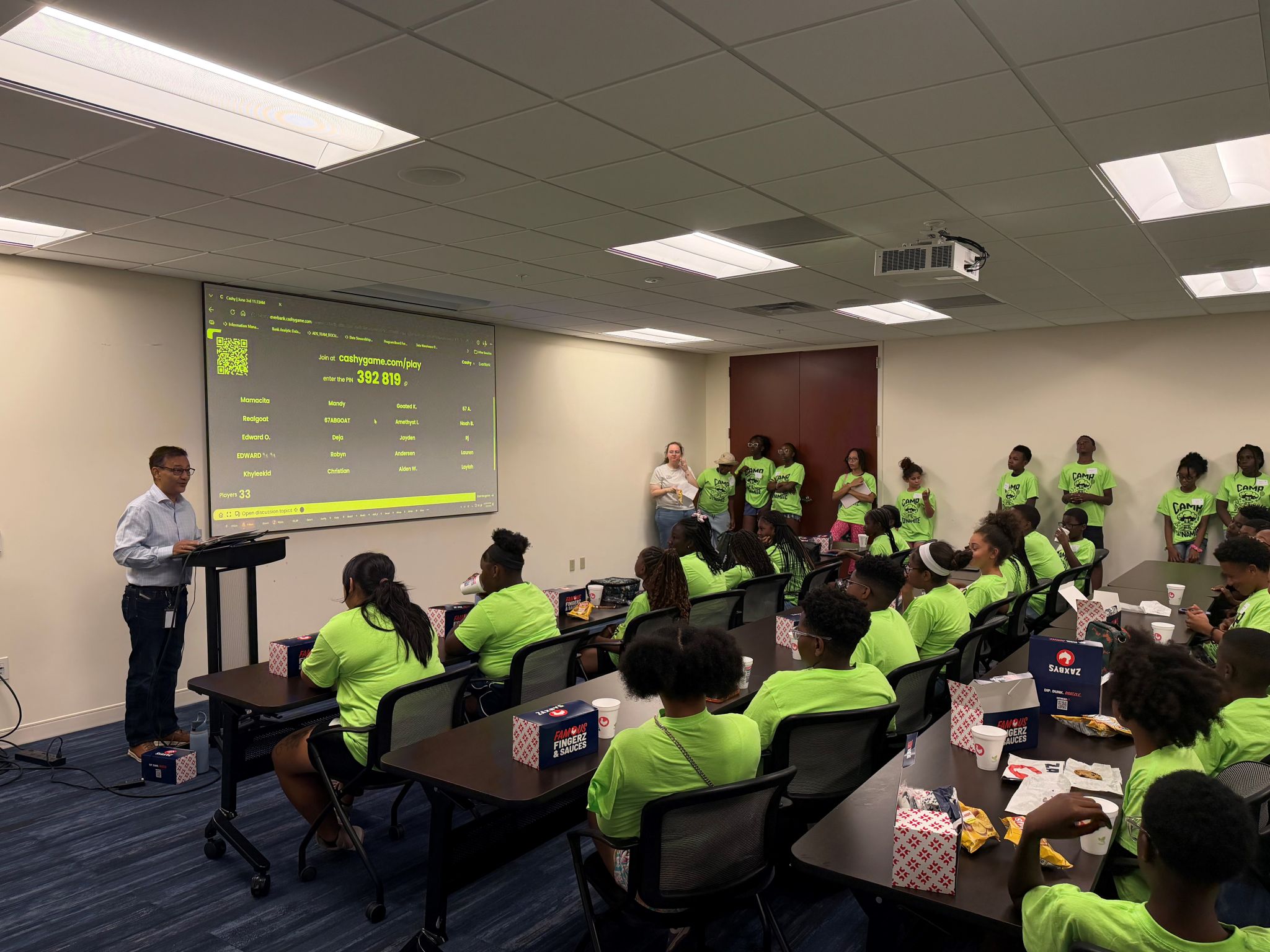 An EverBank facilitator running a Cashy session for a room of summer camp students