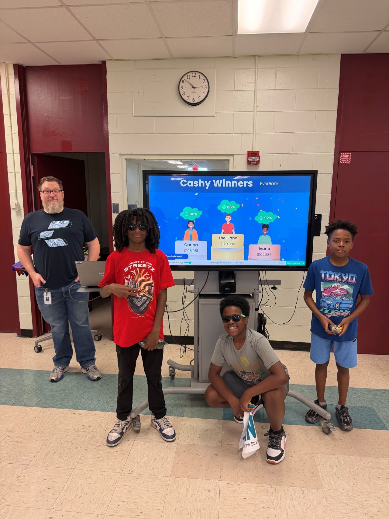 Students in front of a Cashy leaderboard screen at an EverBank workshop