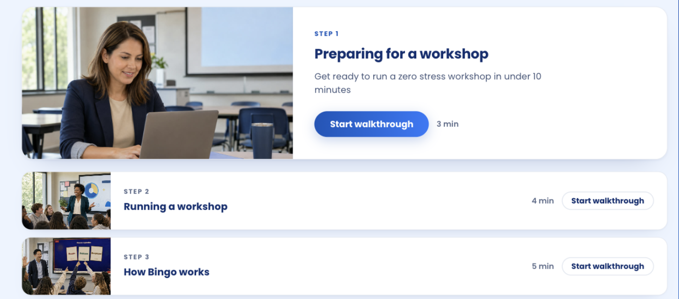 The Getting Started checklist with three walkthroughs